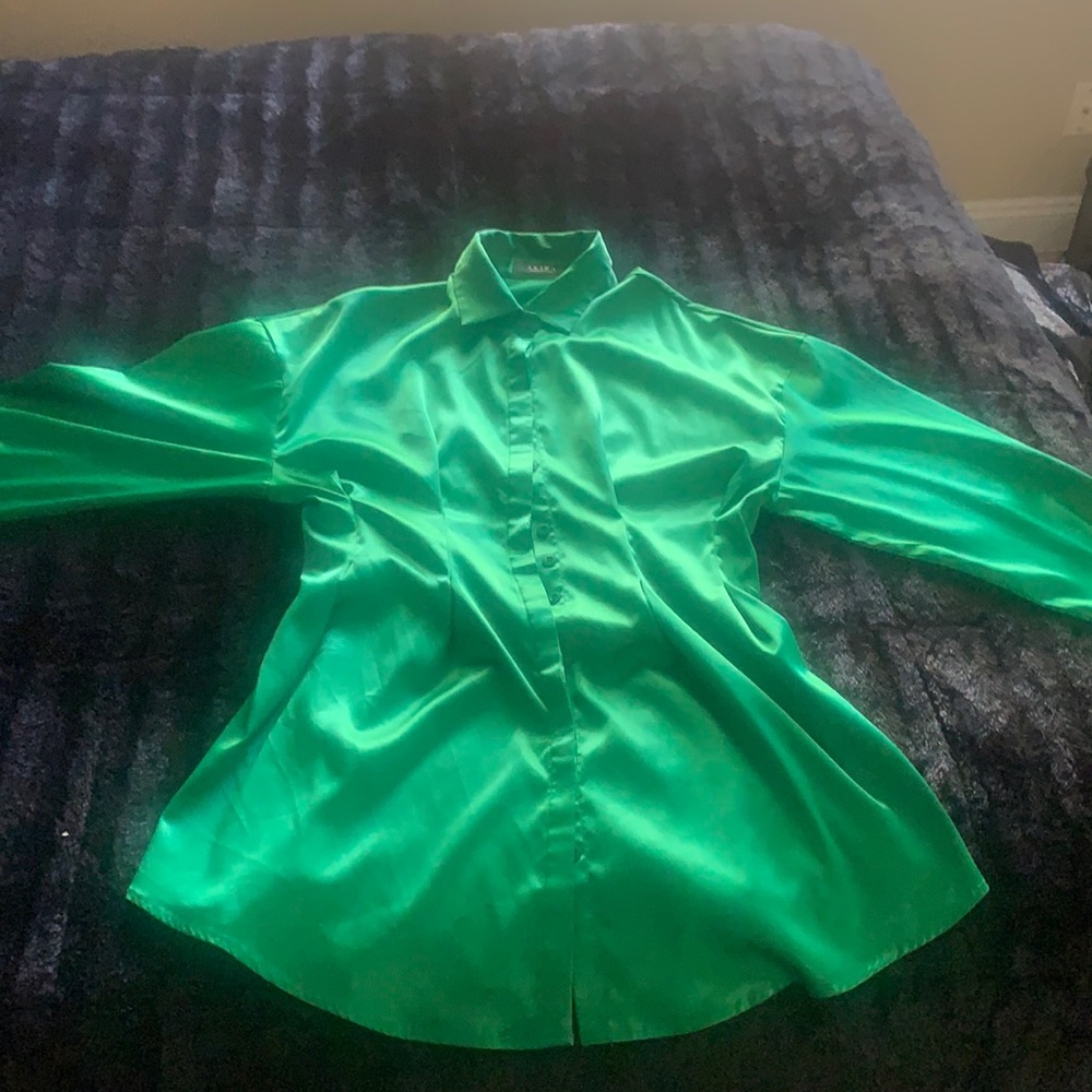 Green Akira Shirt Dress w/ cinched waistband in back.